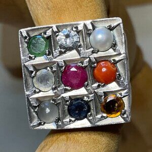 Sterling Navaratna Ring – Vedic Celestial Grid